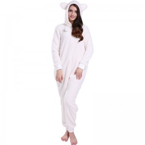 Κρέμα γυναικών Onesie Pajamas με κουκούλα με τα αυτιά των ζώων